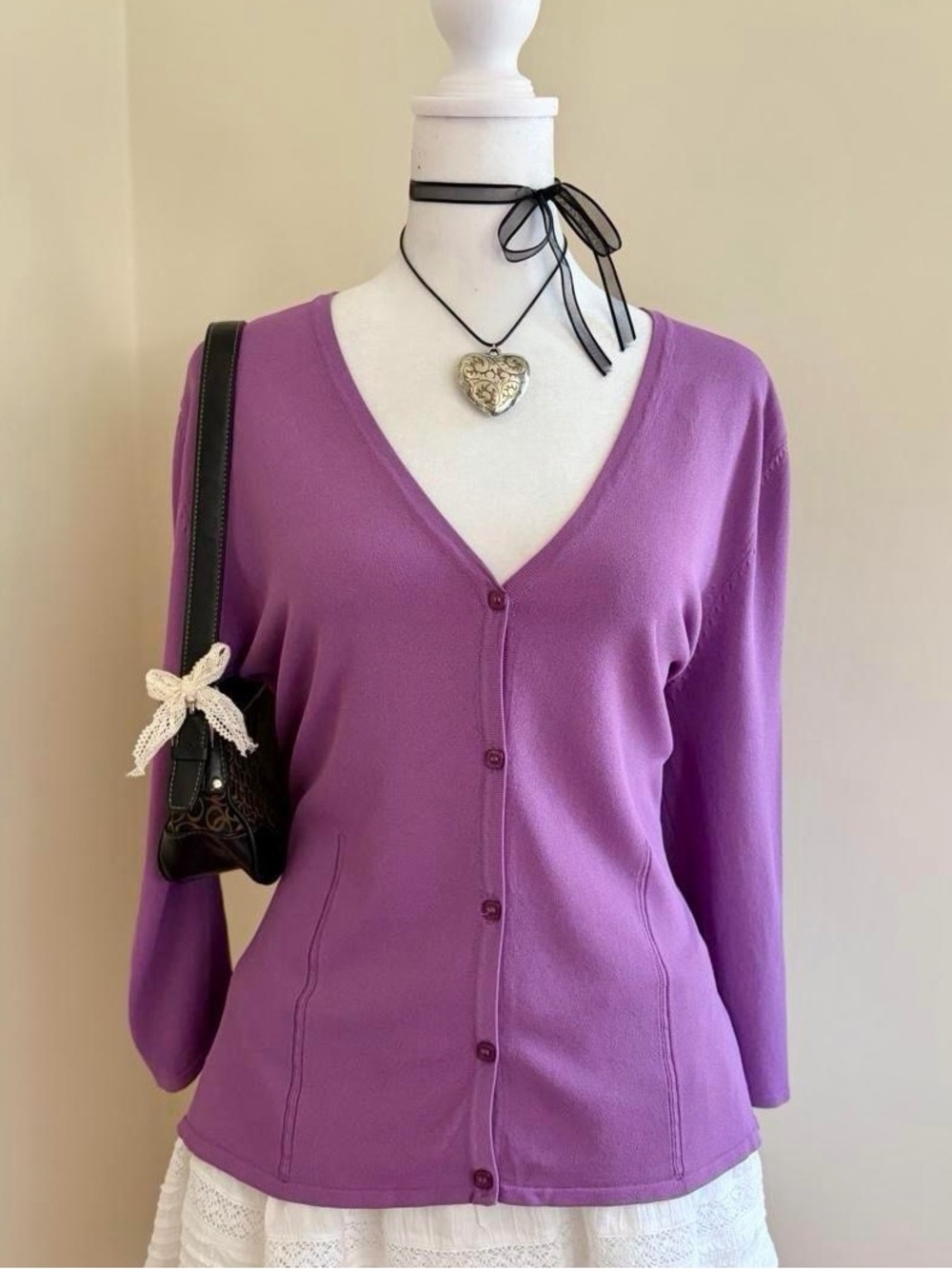 Vintage Y2K purple coquette cardigan button up blouse sweater girly lolita L